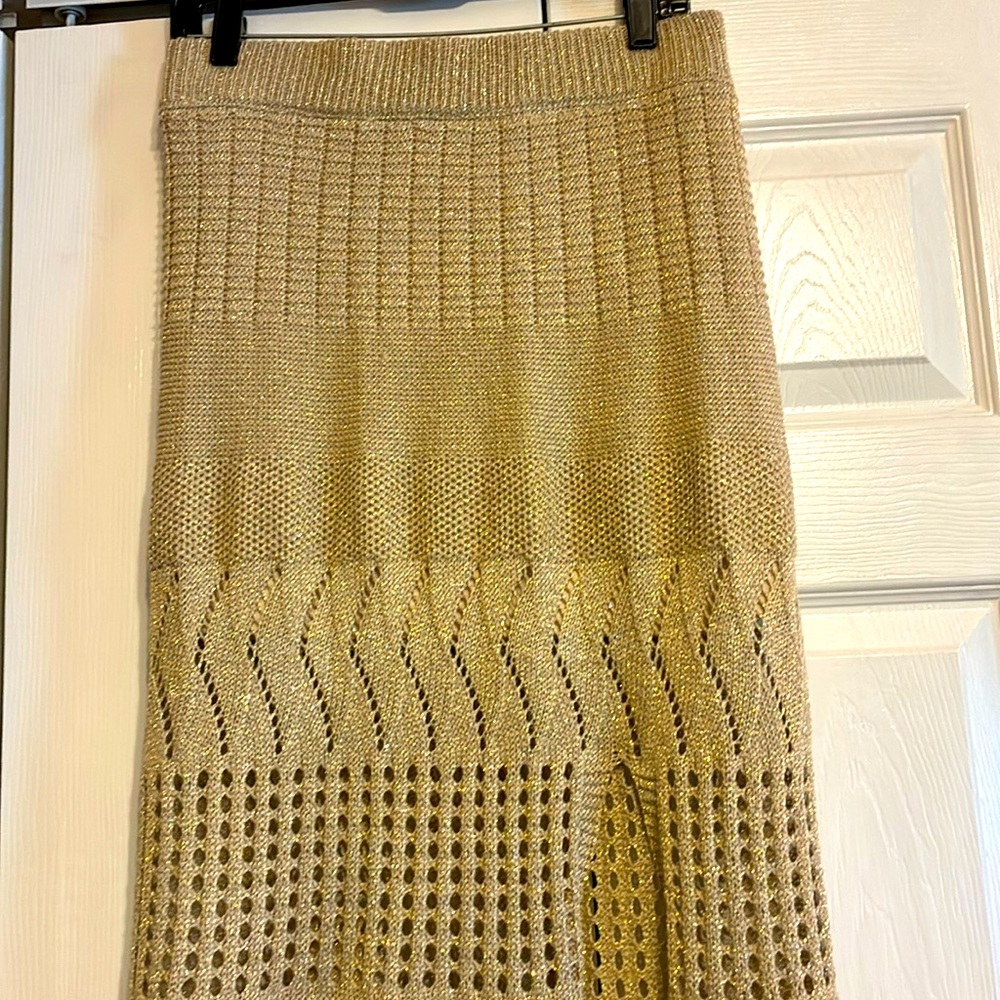 Gold Threaded Light Tan Knit Maxi Skirt - Picture 2 of 14